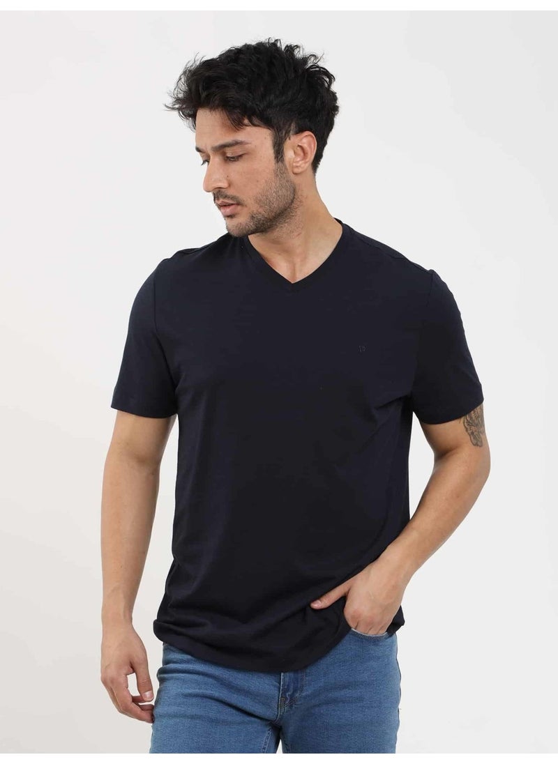 Navy Blue Men's Slim Fit Plain V-Neck Tshirt - 105594