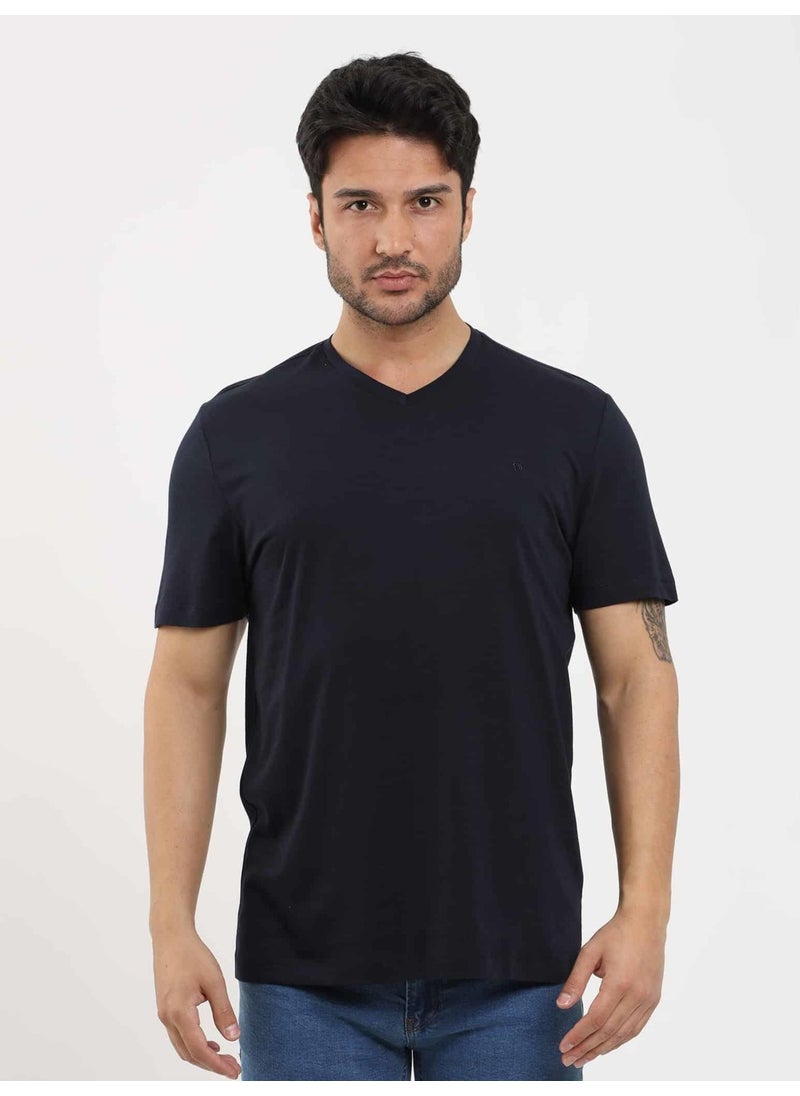 Navy Blue Men's Slim Fit Plain V-Neck Tshirt - 105594