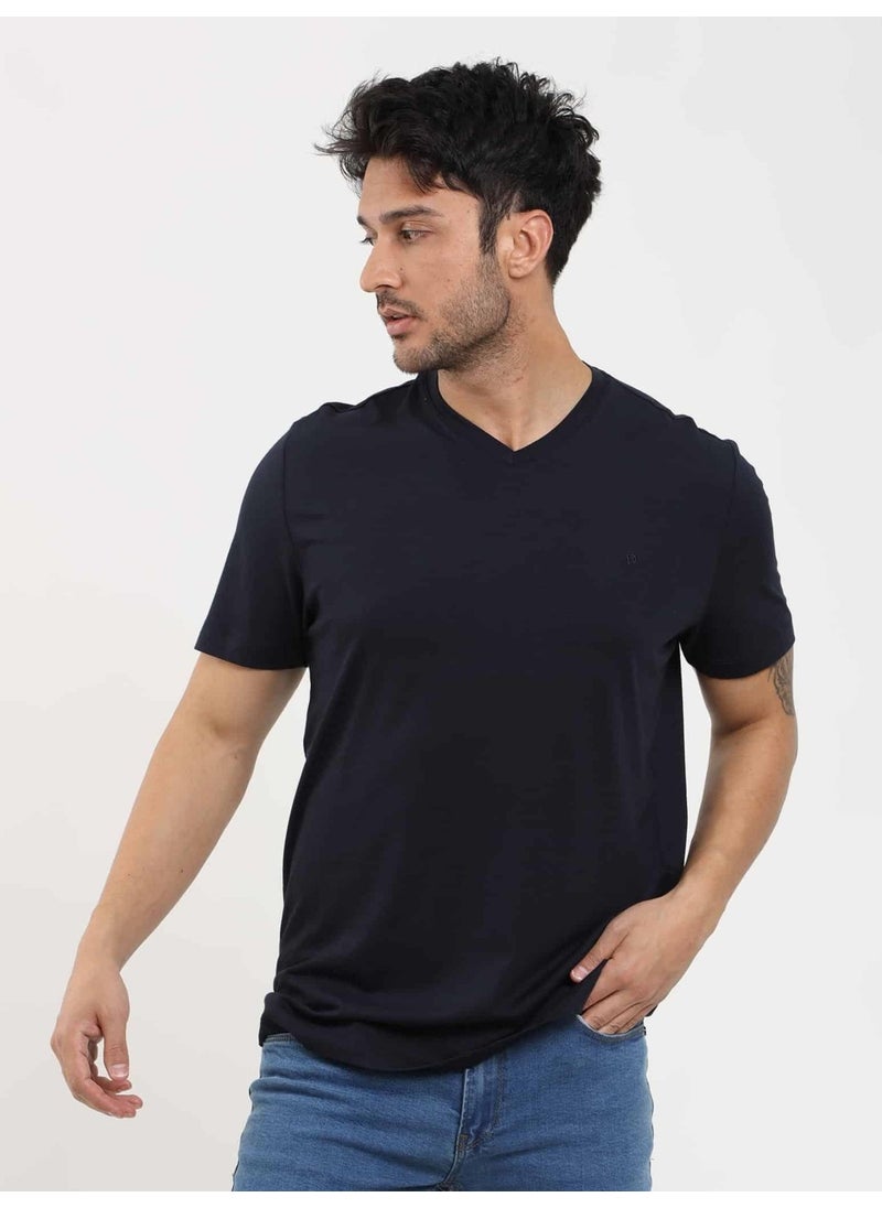 Navy Blue Men's Slim Fit Plain V-Neck Tshirt - 105594