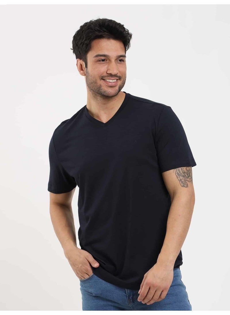 Navy Blue Men's Slim Fit Plain V-Neck Tshirt - 105594