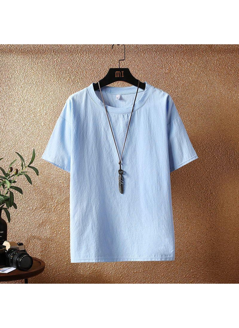 Linen Cotton Blend Mens Summer Tee Light blue