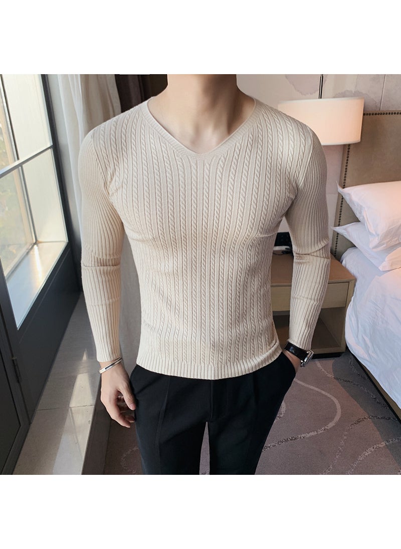 2023 Autumn Mens Solid V-Neck Knit Tee beige white