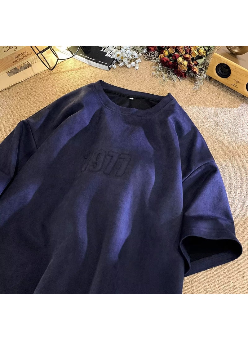 Vintage 1977 Suede Velvet Tee Shirt Mens Summer Casual Streetwear Navy blue