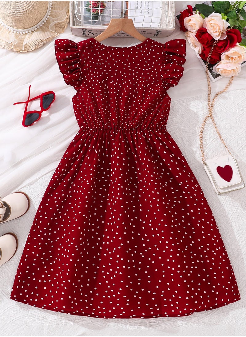 Tween Girls Dress Red Polka Dot Button-Trim Wing Sleeve Knee-Length Dress Modest Summer Classic Elegant Style Kids Dress Party Ceremony Clothes