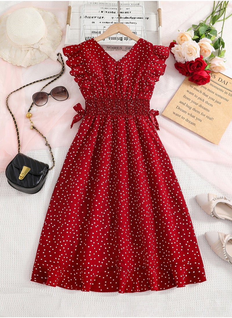 Girls Dress Wine Red Polka Dot V-neck Wing-Sleeve Irregular-Hem Chiffon Dress Elegnat Sweet Style Summer Young Girls Dress