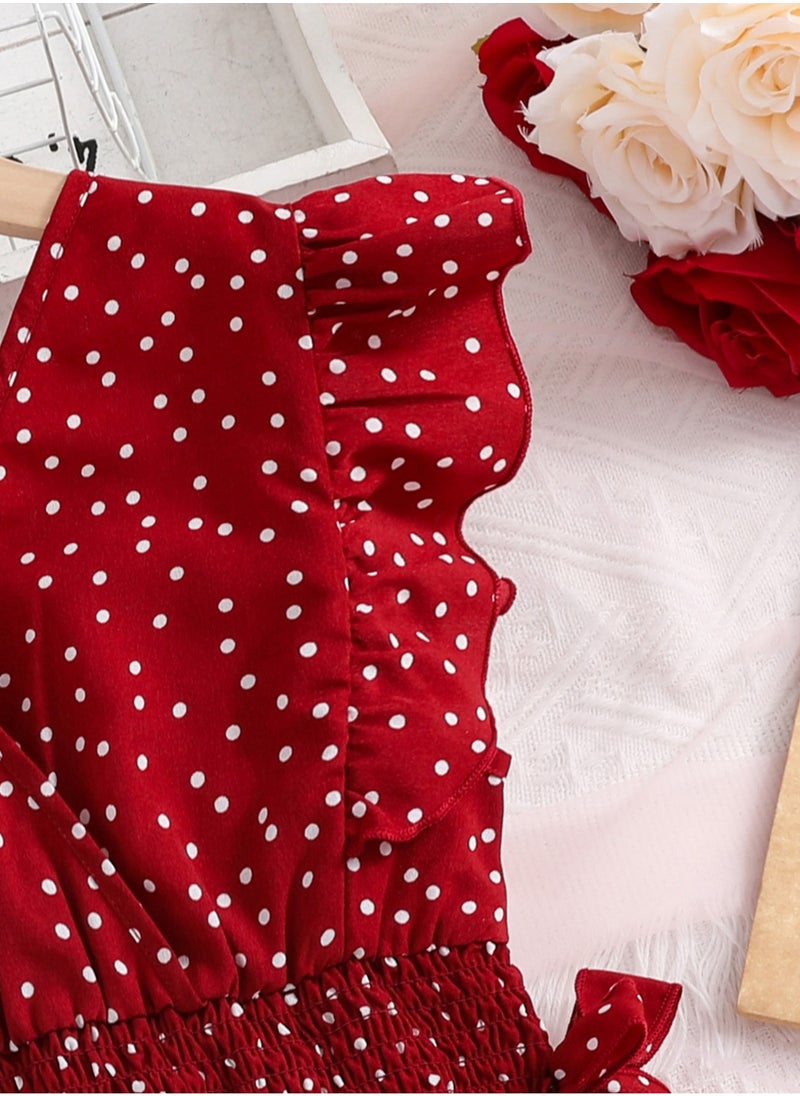 Girls Dress Wine Red Polka Dot V-neck Wing-Sleeve Irregular-Hem Chiffon Dress Elegnat Sweet Style Summer Young Girls Dress