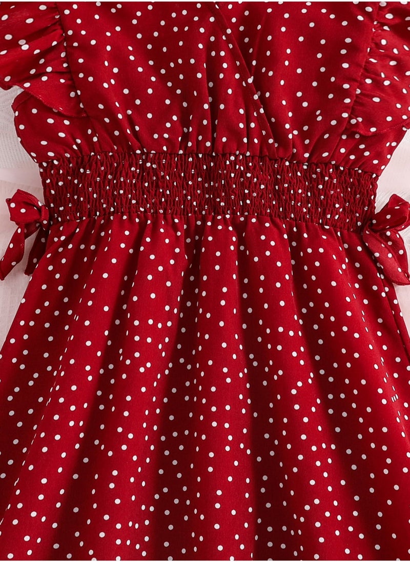 Girls Dress Wine Red Polka Dot V-neck Wing-Sleeve Irregular-Hem Chiffon Dress Elegnat Sweet Style Summer Young Girls Dress