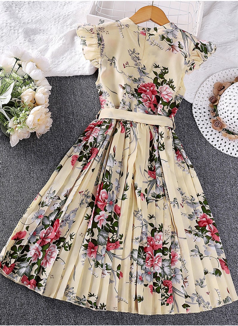 Kids Dress 5-12 Years Girls Floral Print Dress Ruffled Cap Sleeve Chiffon Dress Summer Girls Beige Color Elegant Vintage style Dress