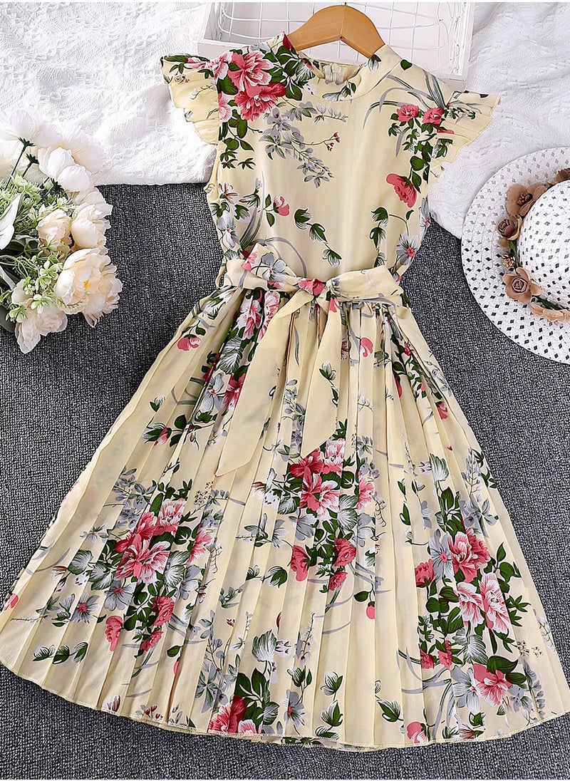 Kids Dress 5-12 Years Girls Floral Print Dress Ruffled Cap Sleeve Chiffon Dress Summer Girls Beige Color Elegant Vintage style Dress