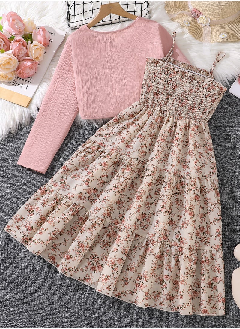 Dress Sets For Girls Pink Knot Outwear & Ditsy Shirred Sling Dress 2 Pieces Set Sweet Style Tween Girls Dress Set Elegnat Modest Clothes