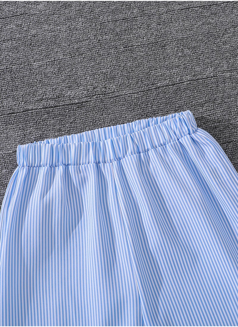 Girls Clothing Sets Striped Light Blue Long Sleeve Blouse & Elastic-Waist Straight Pants Tween Girls Clothing Sets 8-12 Years Tween Girls Clothing Sets Outgoing Family Gathering Festival Party Clothes Modest Girls Sets