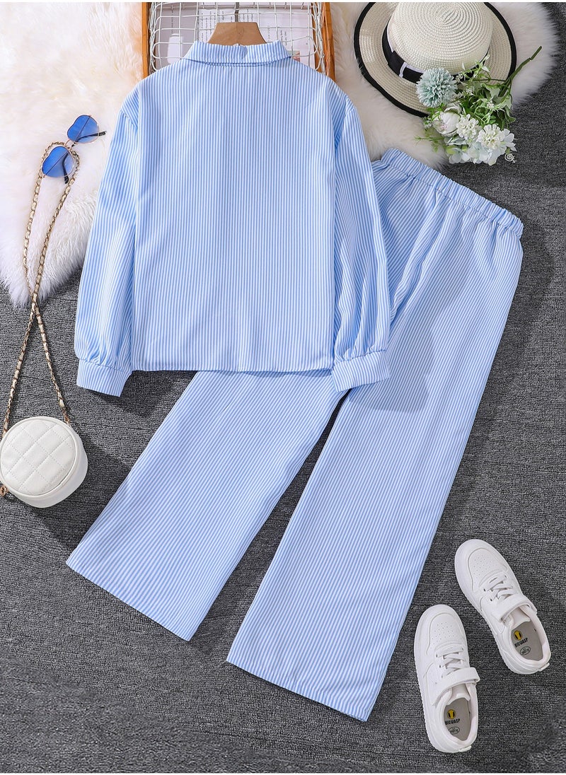 Girls Outfit Light Blue Long Sleeve Blouse & Elastic-Waist Straight Pants Tween Girls Clothing Sets