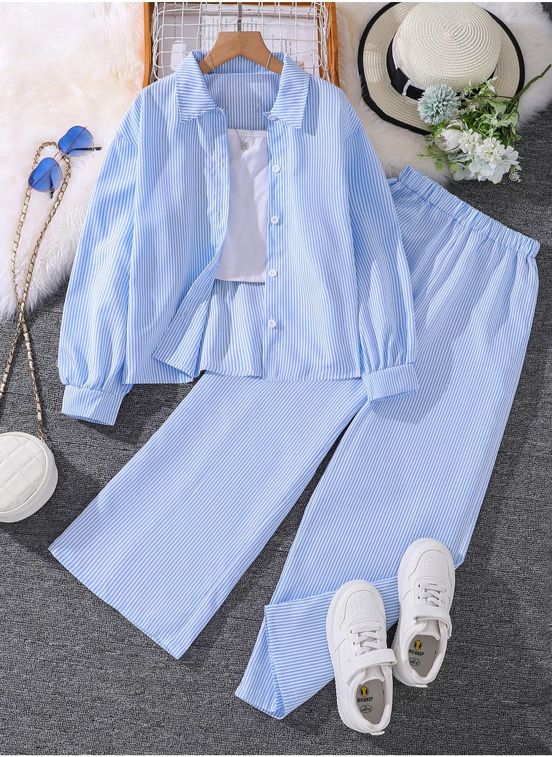 Girls Outfit Light Blue Long Sleeve Blouse & Elastic-Waist Straight Pants Tween Girls Clothing Sets