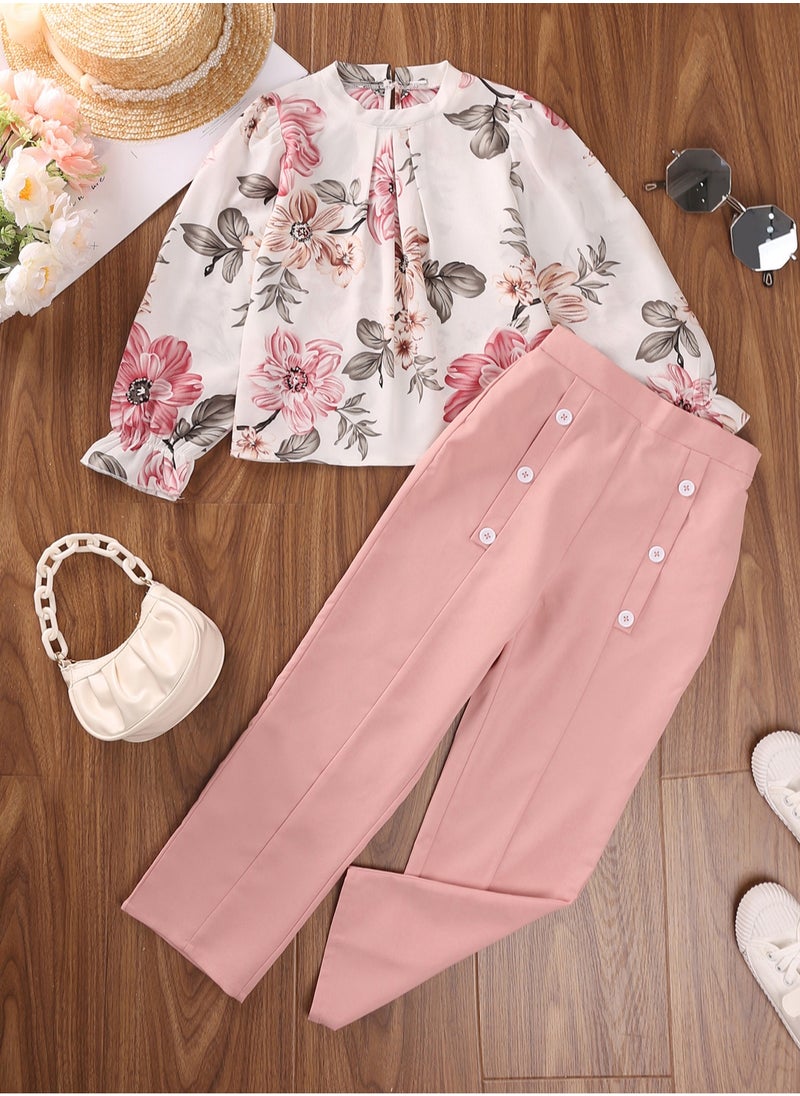 Pants Sets For Girls 8-12 Years Pink Flowers Printed Blouse & Elastic Waist Straight Pants Elegant Style Girls Outfit