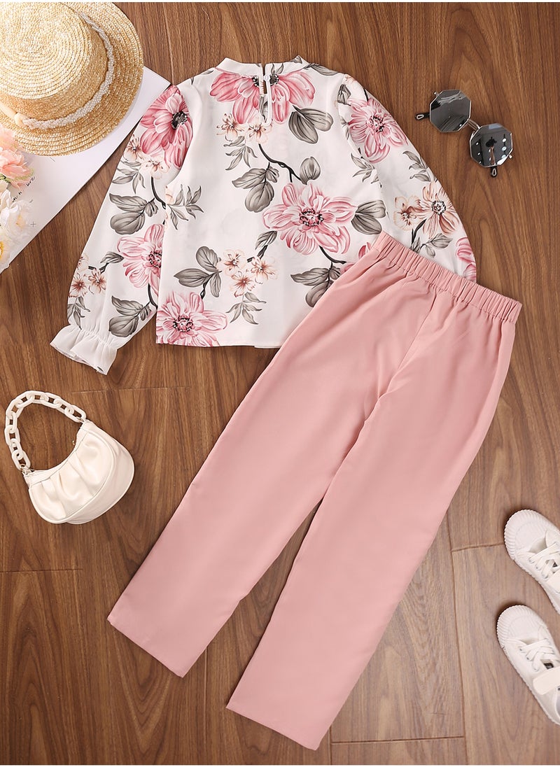 Pants Sets For Girls 8-12 Years Pink Flowers Printed Blouse & Elastic Waist Straight Pants Elegant Style Girls Outfit