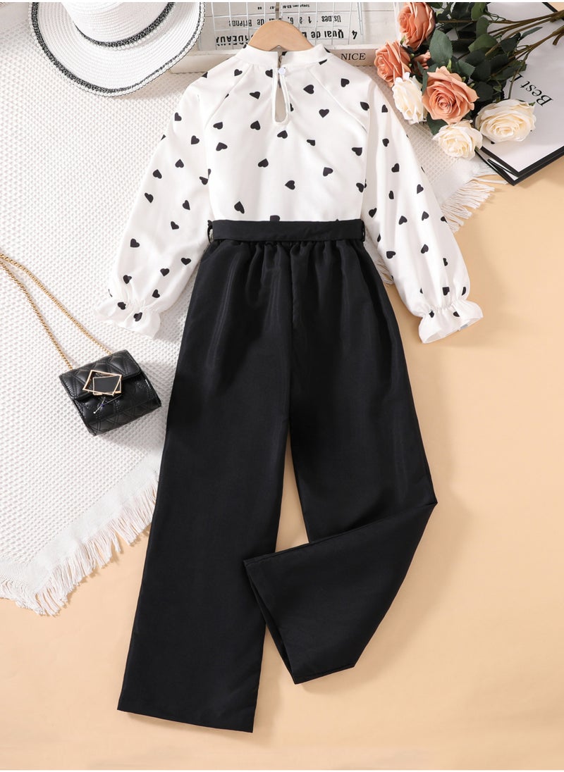 Girls Clothing Sets Heart Pattern Bloues & Balck Straight Pants 2 Pieces Set Stylish Tween Kids Outfit