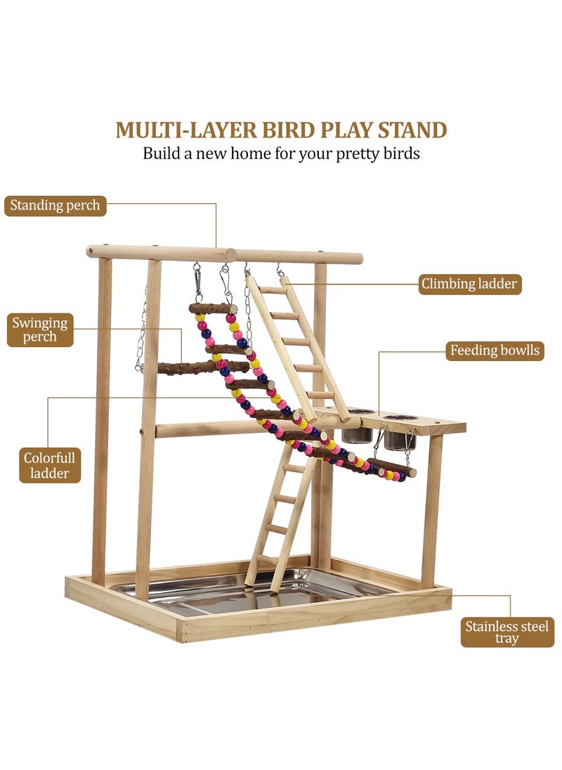 Wooden bird stand, Interactive bird play stand with Swinging perch, Feeding cups, Climbing ladders, Removable tray, and Anti-slip bottom, Ideal for small to medium-sized birds 54 cm (Beige)