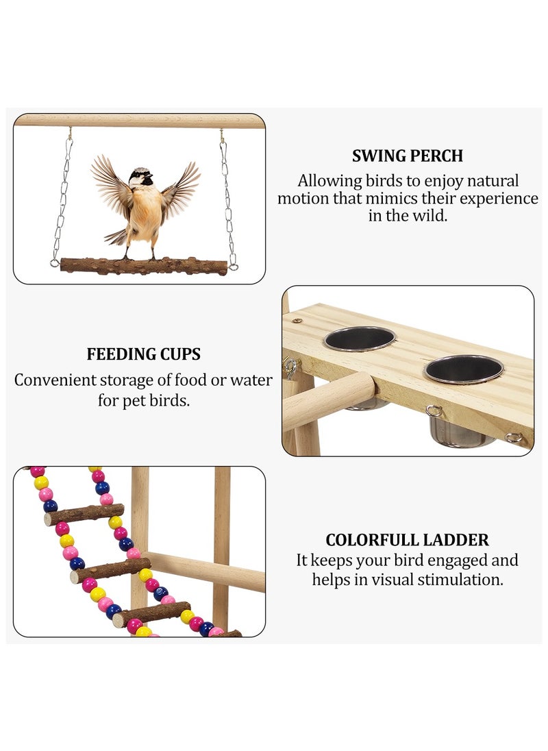 Wooden bird stand, Interactive bird play stand with Swinging perch, Feeding cups, Climbing ladders, Removable tray, and Anti-slip bottom, Ideal for small to medium-sized birds 54 cm (Beige)