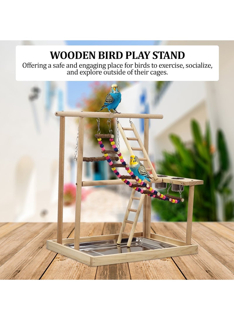 Wooden bird stand, Interactive bird play stand with Swinging perch, Feeding cups, Climbing ladders, Removable tray, and Anti-slip bottom, Ideal for small to medium-sized birds 54 cm (Beige)