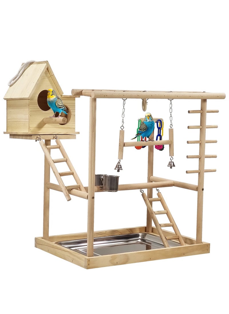 Bird play stand, Multi-level bird perch with Bird nest, Climbing ladders, Swinging perch, Colorful toys, feeding bowls, and Removable tray, Wooden bird stand for small to medium birds 63 cm (Beige)