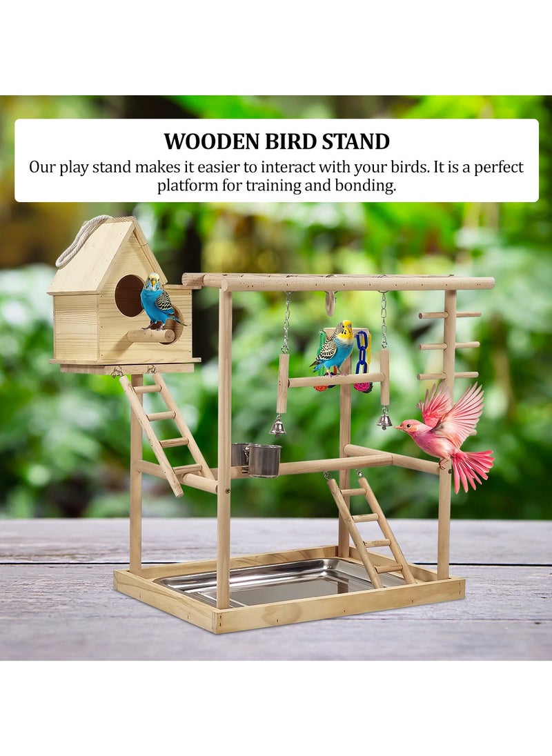 Bird play stand, Multi-level bird perch with Bird nest, Climbing ladders, Swinging perch, Colorful toys, feeding bowls, and Removable tray, Wooden bird stand for small to medium birds 63 cm (Beige)