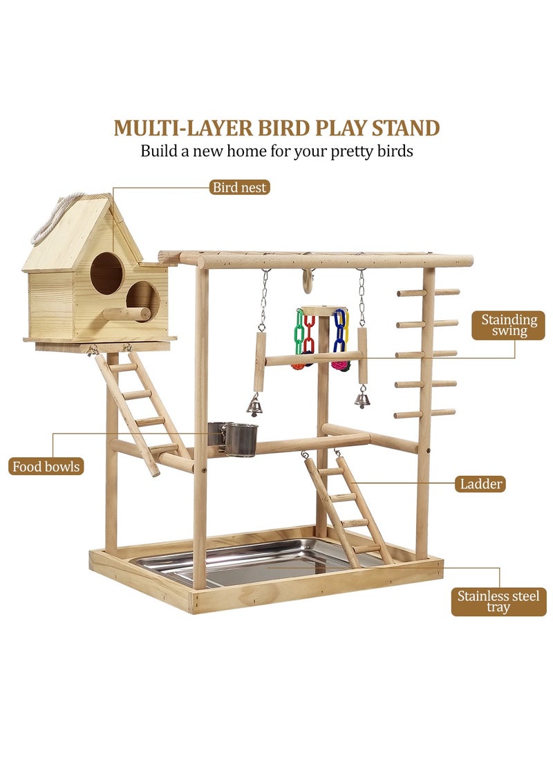 Bird play stand, Multi-level bird perch with Bird nest, Climbing ladders, Swinging perch, Colorful toys, feeding bowls, and Removable tray, Wooden bird stand for small to medium birds 63 cm (Beige)