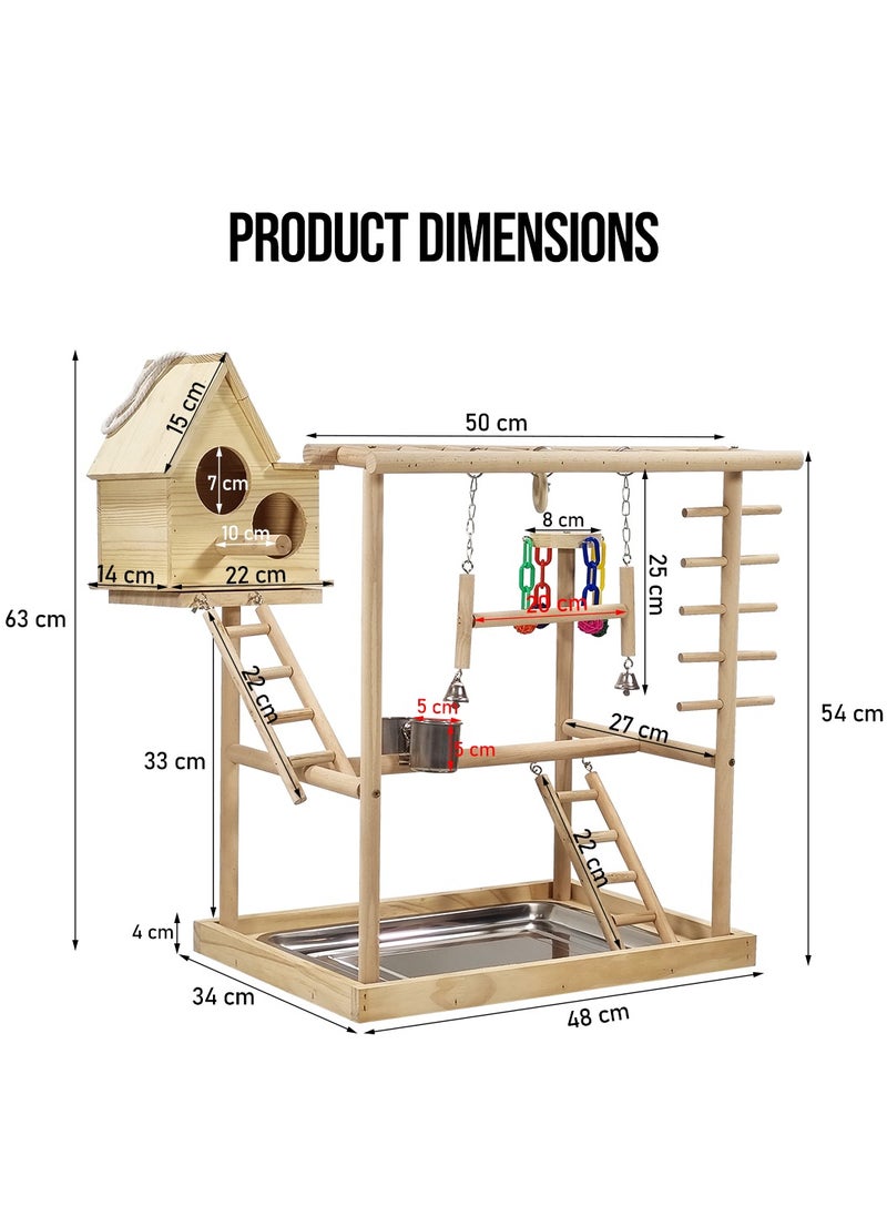 Bird play stand, Multi-level bird perch with Bird nest, Climbing ladders, Swinging perch, Colorful toys, feeding bowls, and Removable tray, Wooden bird stand for small to medium birds 63 cm (Beige)