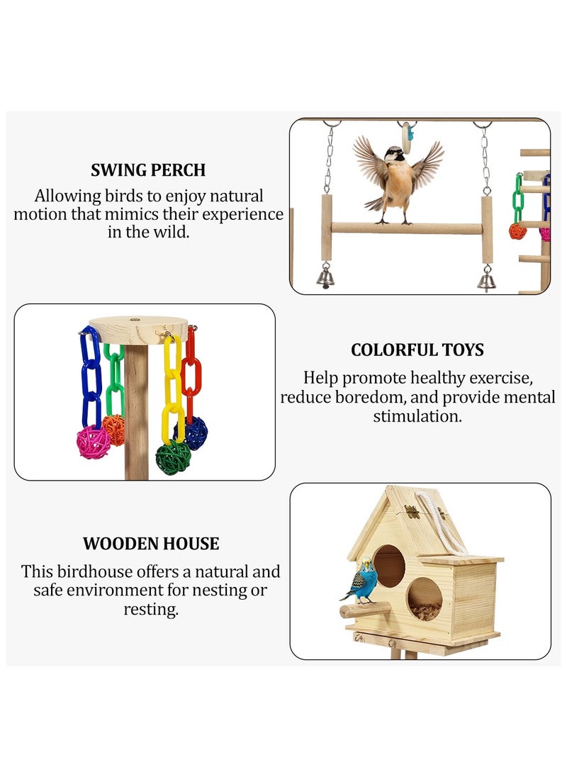 Bird play stand, Multi-level bird perch with Bird nest, Climbing ladders, Swinging perch, Colorful toys, feeding bowls, and Removable tray, Wooden bird stand for small to medium birds 63 cm (Beige)