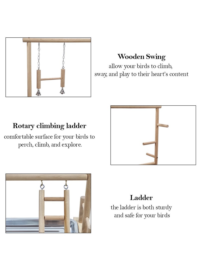 Multi-level bird stand with Natural Wood, Bird play center with Ladder, Bell toy, and Tray, 57 cm bird stand Indoor Outdoor Use, Idea for Cockatiels, Parakeets and Small to Medium birds (Beige)