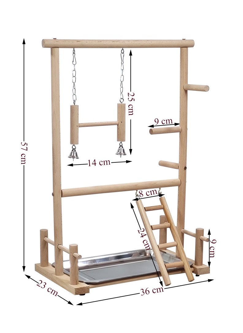 Multi-level bird stand with Natural Wood, Bird play center with Ladder, Bell toy, and Tray, 57 cm bird stand Indoor Outdoor Use, Idea for Cockatiels, Parakeets and Small to Medium birds (Beige)