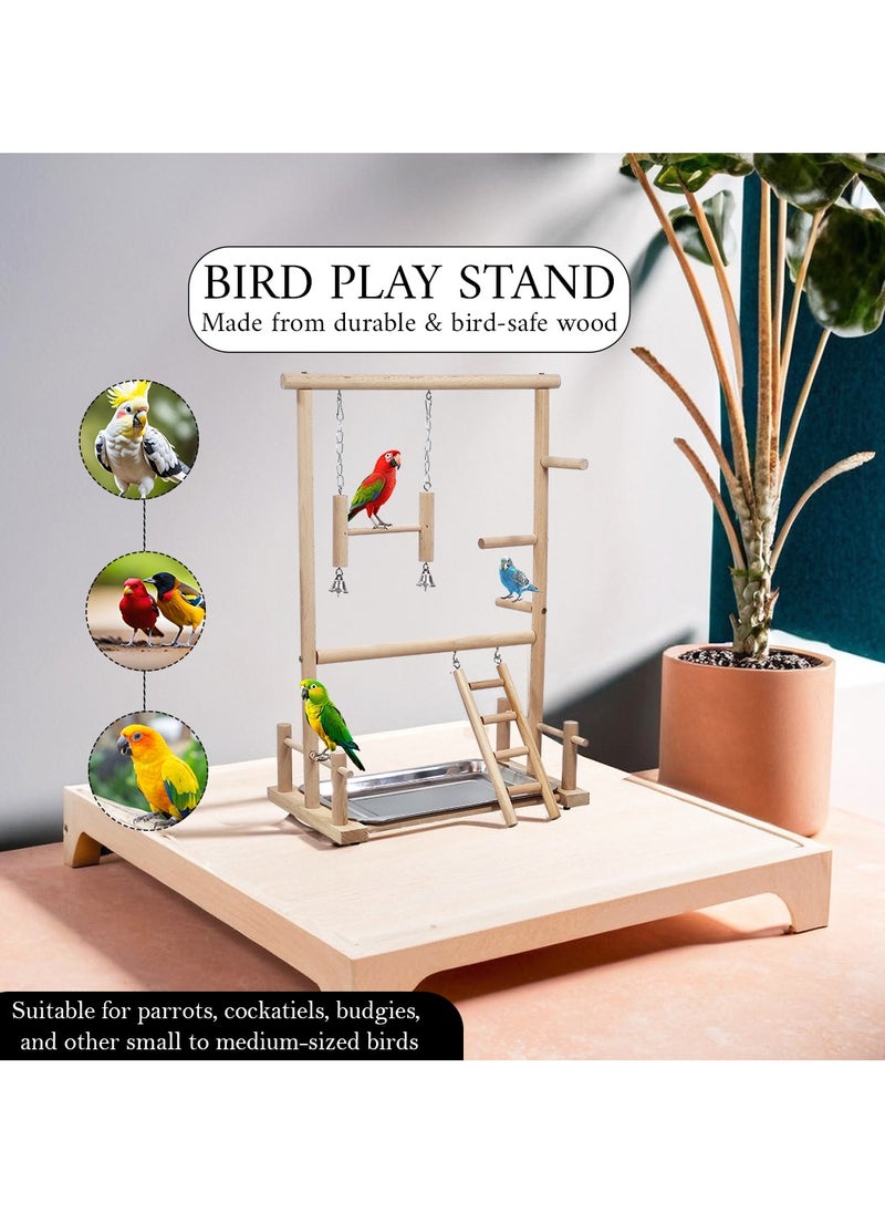 Multi-level bird stand with Natural Wood, Bird play center with Ladder, Bell toy, and Tray, 57 cm bird stand Indoor Outdoor Use, Idea for Cockatiels, Parakeets and Small to Medium birds (Beige)