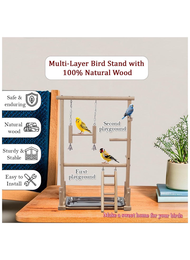 Multi-level bird stand with Natural Wood, Bird play center with Ladder, Bell toy, and Tray, 57 cm bird stand Indoor Outdoor Use, Idea for Cockatiels, Parakeets and Small to Medium birds (Beige)