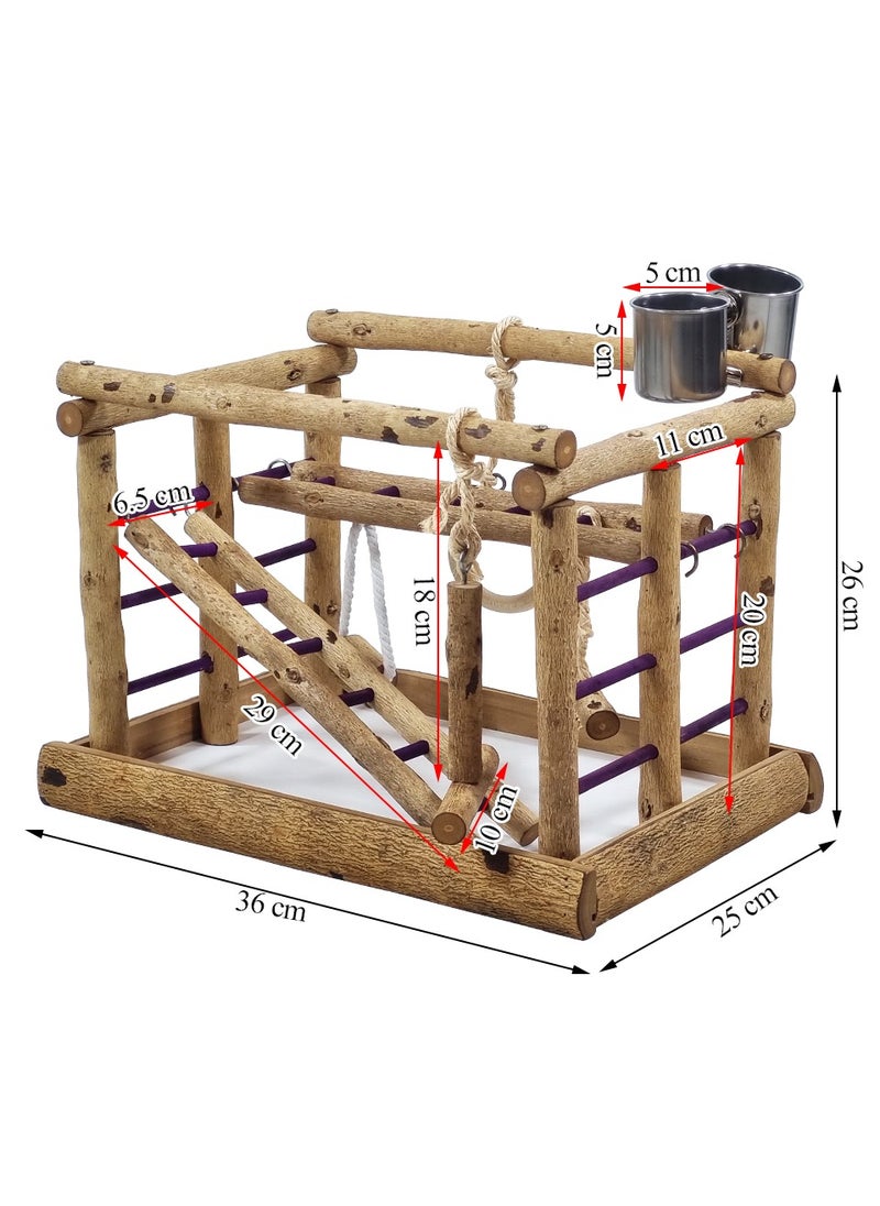 Natural wood bird activity center with Feeding cups, Swings, and Ladders, Perfect for Cockatiels, Parrots, and Lovebirds, 36cm Bird Playground for Small to Medium birds (Beige)