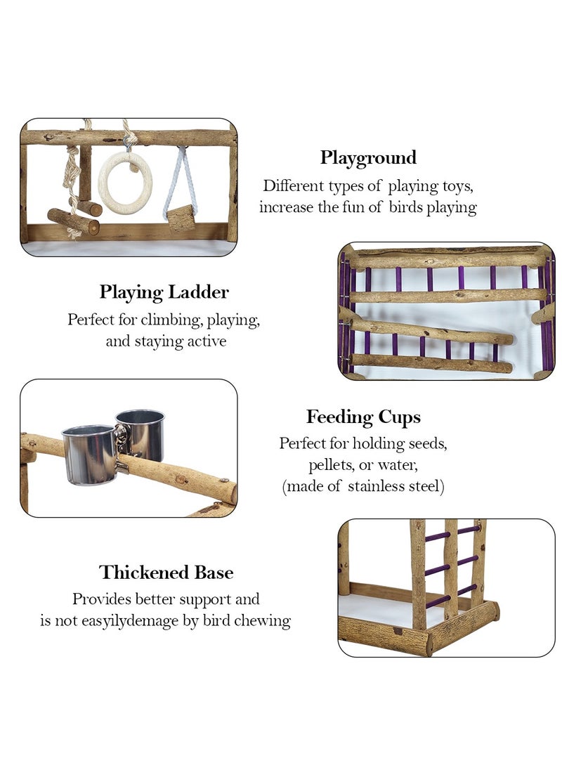 Natural wood bird activity center with Feeding cups, Swings, and Ladders, Perfect for Cockatiels, Parrots, and Lovebirds, 36cm Bird Playground for Small to Medium birds (Beige)