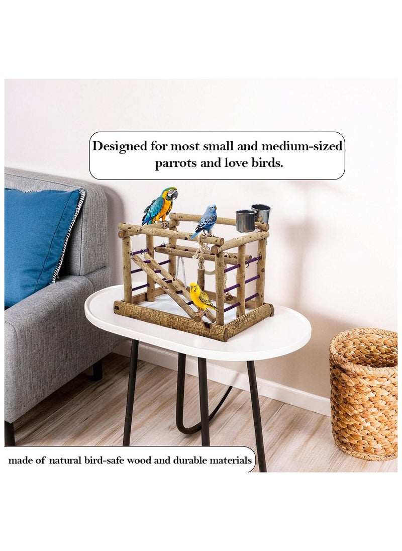 Natural wood bird activity center with Feeding cups, Swings, and Ladders, Perfect for Cockatiels, Parrots, and Lovebirds, 36cm Bird Playground for Small to Medium birds (Beige)