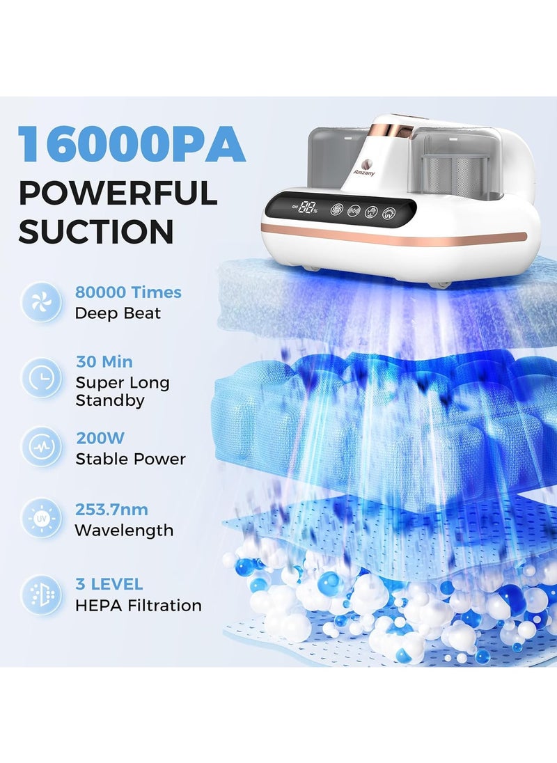 Bed Vacuum Cleaner - 5-in-1 Cordless Mattress Vacuum Cleaner, Powered by UV-C Light & Ultrasonic Technology, 16Kpa Strong Suction,Low Noise,Suitable for Dust, Pet Hair