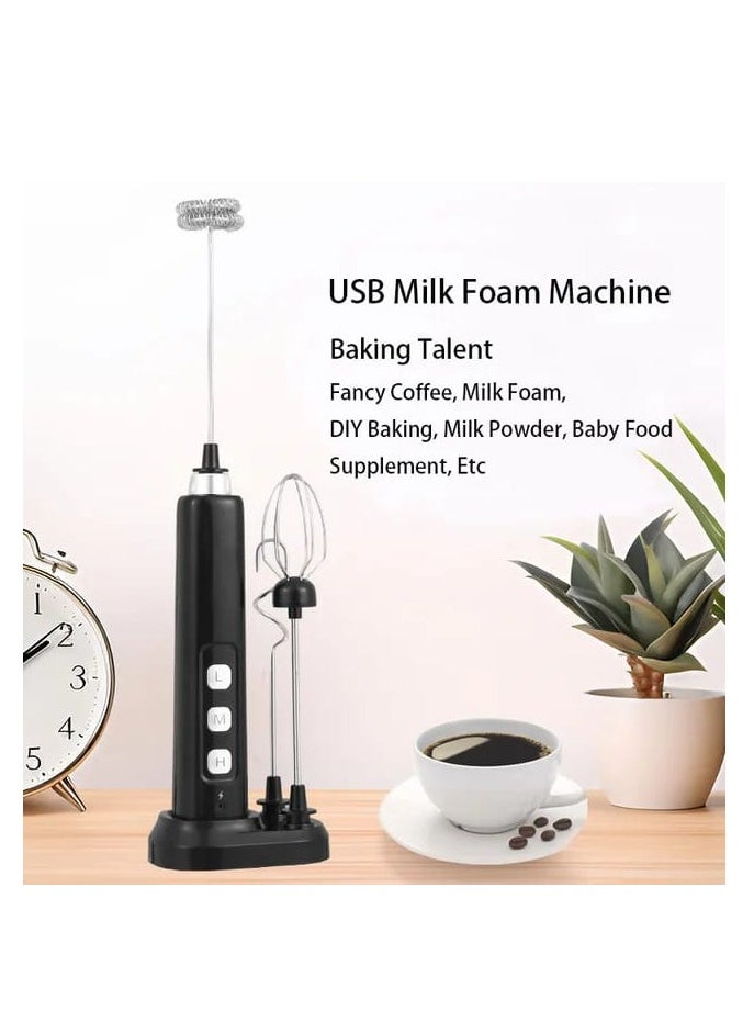 Liying Rechargeable Milk Frother Handheld with 3 Heads, Silver Coffee Electric Whisk Drink Foam Mixer, Mini Hand Stirrer with 3 Speeds Adjustable for Latte, Cappuccino, Hot Chocolate, Egg (Black)