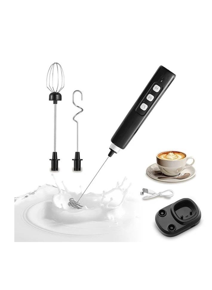 Liying Rechargeable Milk Frother Handheld with 3 Heads, Silver Coffee Electric Whisk Drink Foam Mixer, Mini Hand Stirrer with 3 Speeds Adjustable for Latte, Cappuccino, Hot Chocolate, Egg (Black)