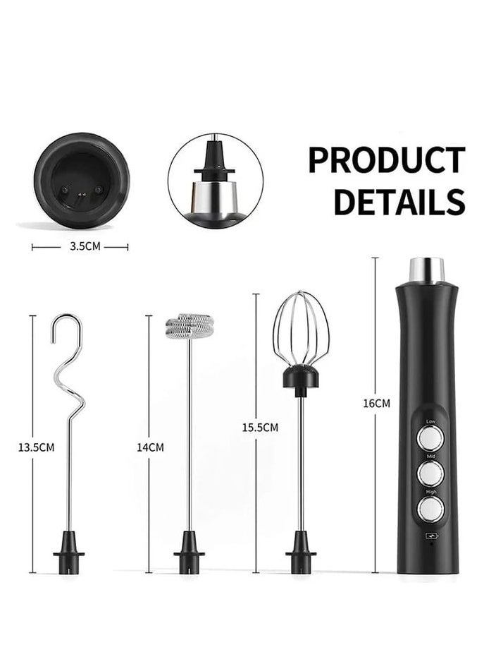 Liying Rechargeable Milk Frother Handheld with 3 Heads, Silver Coffee Electric Whisk Drink Foam Mixer, Mini Hand Stirrer with 3 Speeds Adjustable for Latte, Cappuccino, Hot Chocolate, Egg (Black)