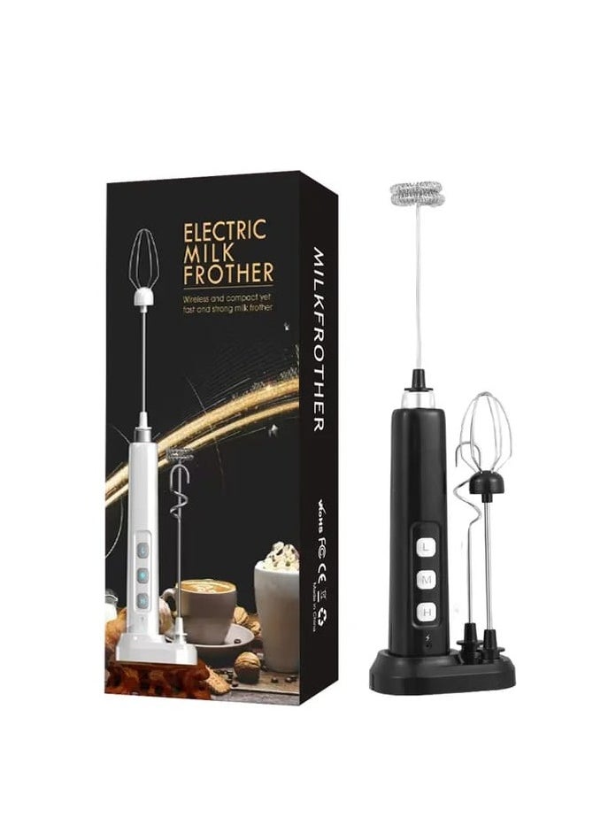 Liying Rechargeable Milk Frother Handheld with 3 Heads, Silver Coffee Electric Whisk Drink Foam Mixer, Mini Hand Stirrer with 3 Speeds Adjustable for Latte, Cappuccino, Hot Chocolate, Egg (Black)