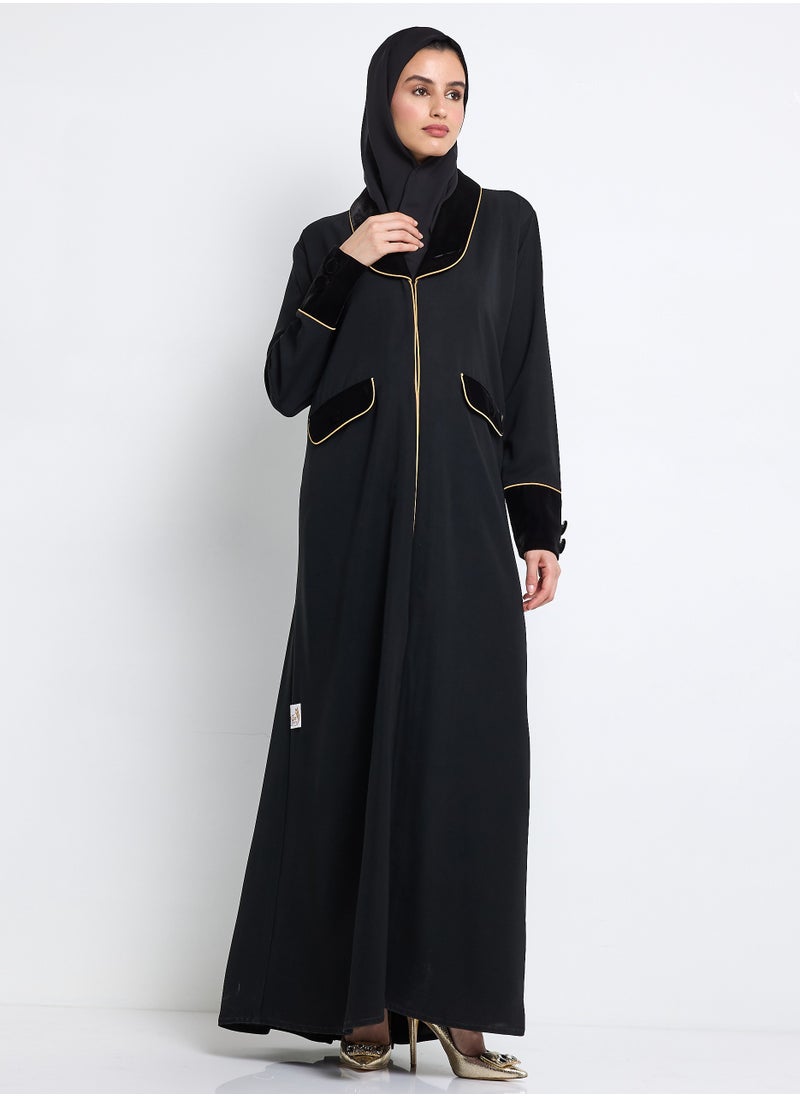 Velvet Blazer Abaya with Button Detailing and Piping Design + Shella