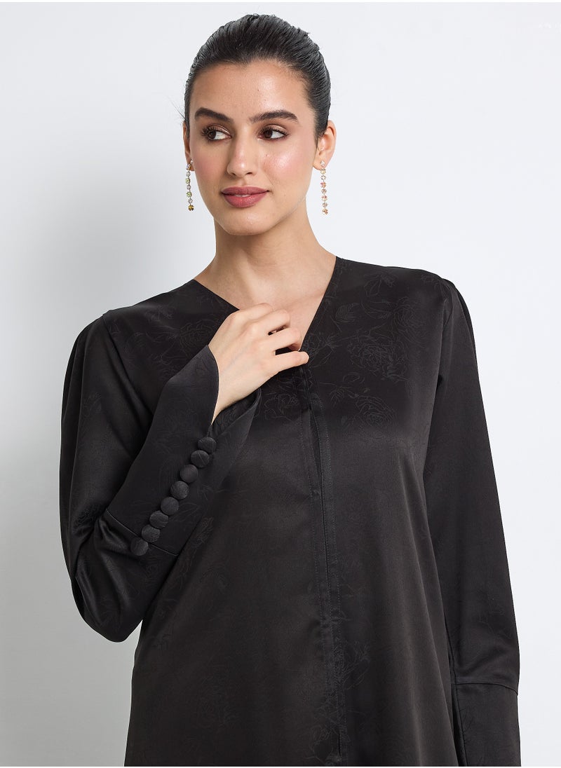 Black Abaya with  Buttoned Sleeve Design + Shella