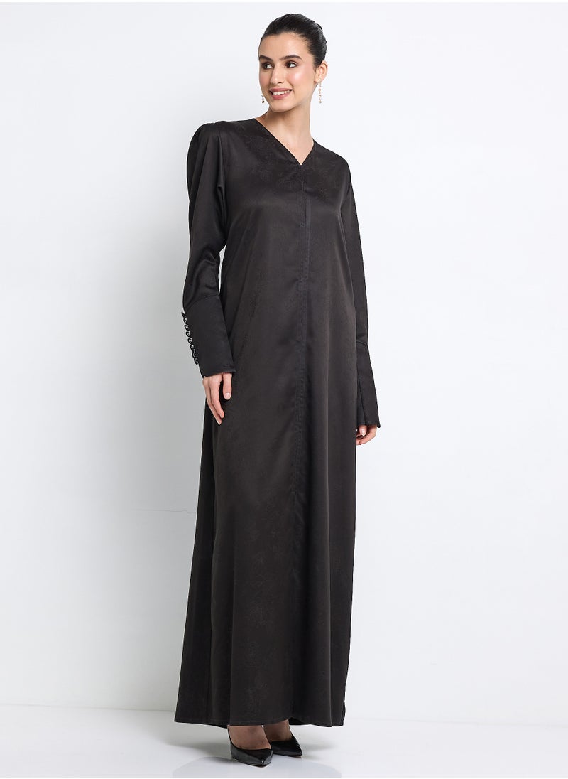 Black Abaya with  Buttoned Sleeve Design + Shella