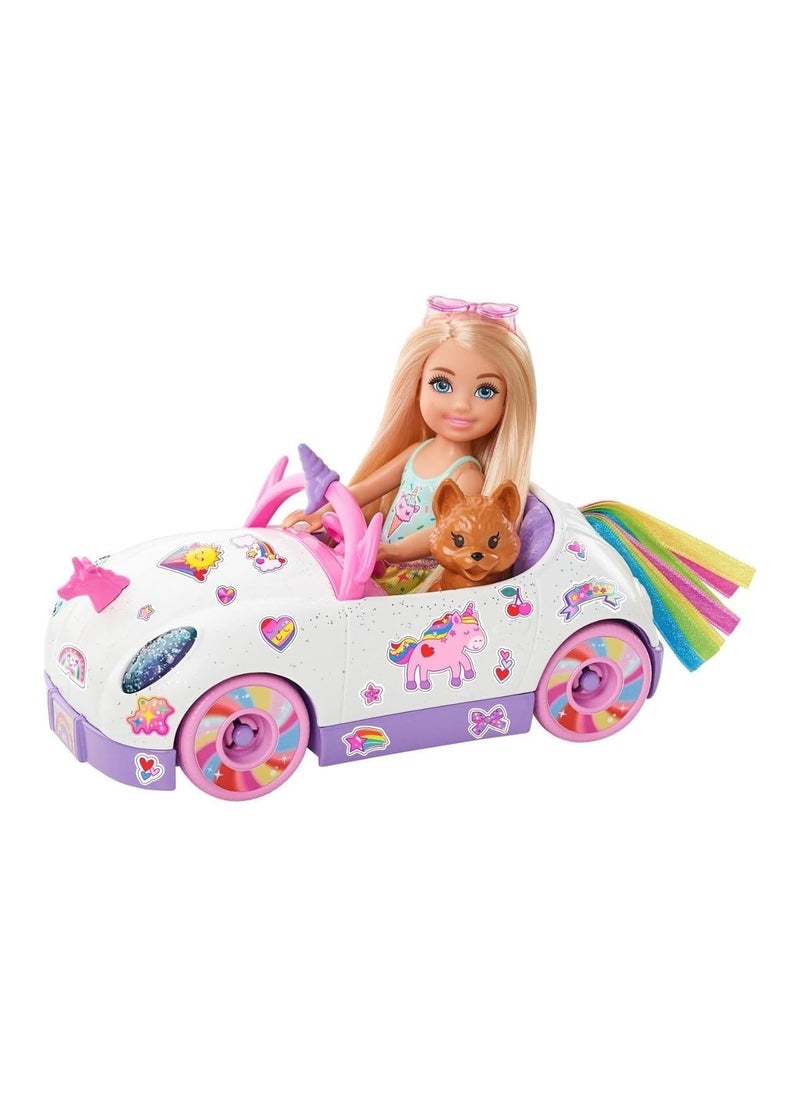 Barbie ​ Club Chelsea Doll 6 inch Blonde with Unicorn Themed Car, Pet Puppy, Sticker Sheet & Accessories, Gift for 3 to 7 Year Olds GXT41, Multi colour, 6 inches