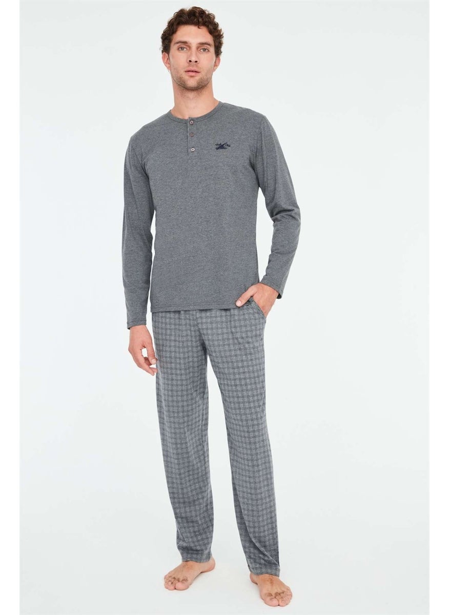 - Men's Anthracite Melange Plaid Pajama Set