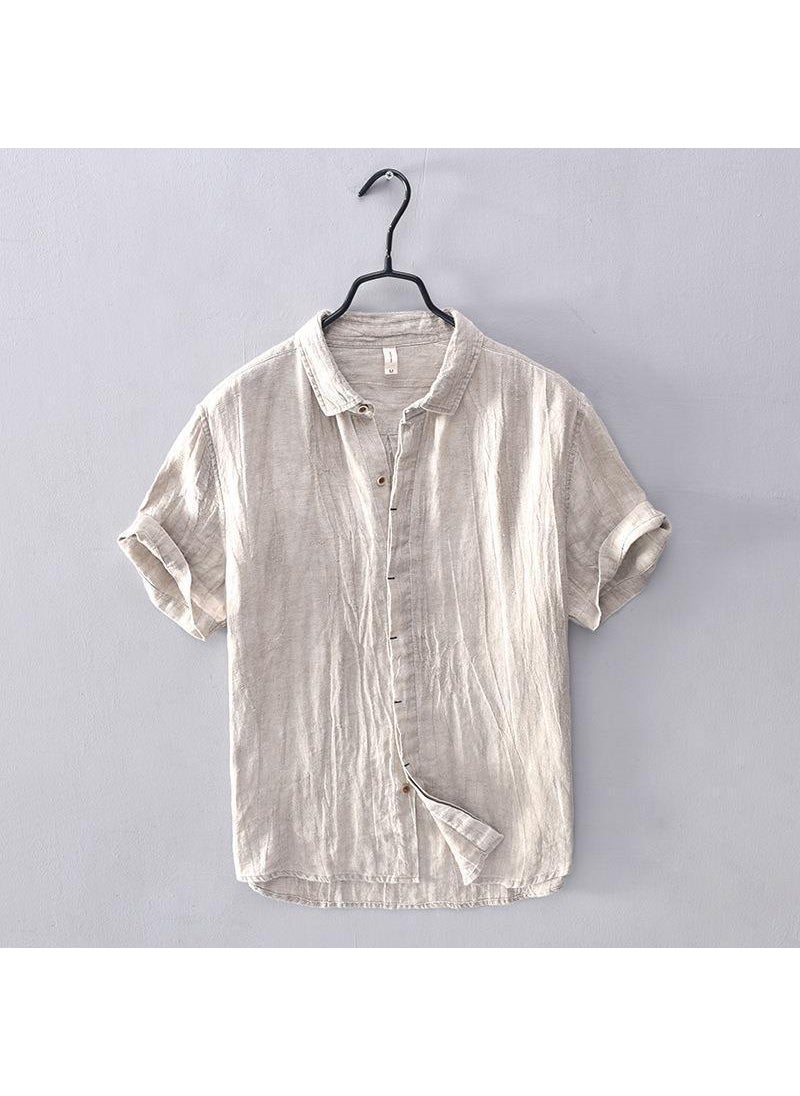 L795 Japanese Minimalist Plain Mens Short Linen Shirt Casual Khaki