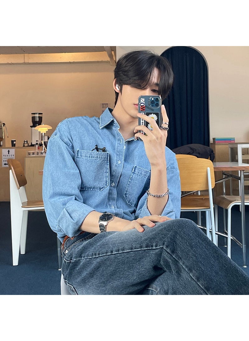 2023 Autumn Korean Denim Shirt Men Casual Loose Vintage Light blue