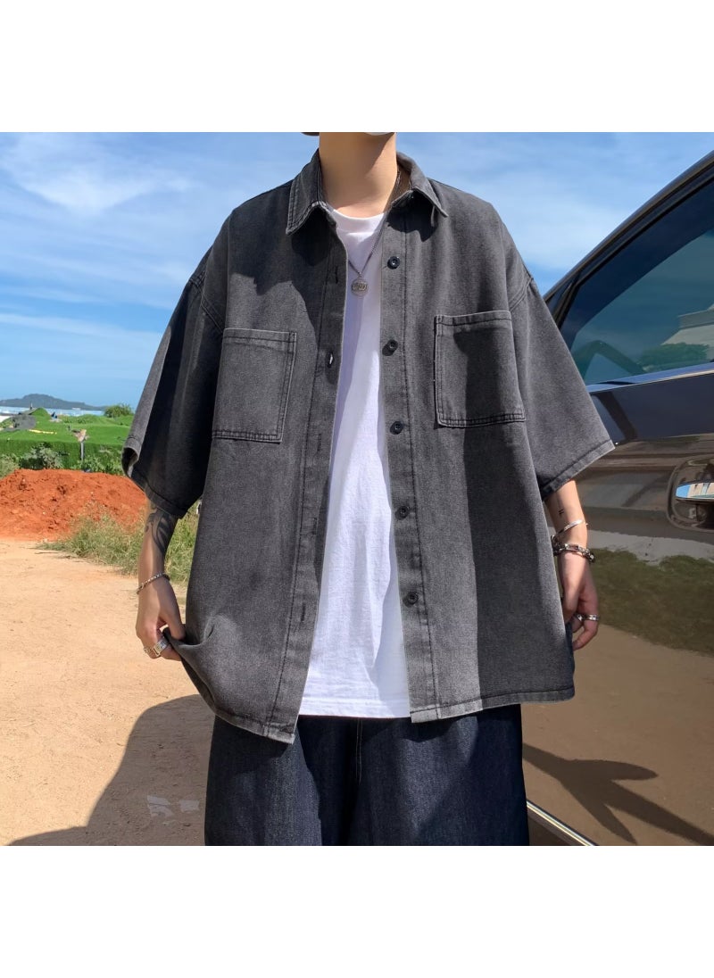 2023 Summer Vintage Denim Shirt Men Retro Casual Loose Fit Black