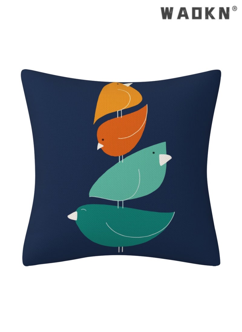 4 Pcs Blue & Orange Linen Square Cushion Covers - 18x18 Inches, Handcrafted with Abstract Plant Artistry, Elegant Pillowcases Perfect for Accentuating Living Room Sofas, Beds, and Adding a Pop of Color to Your Decor