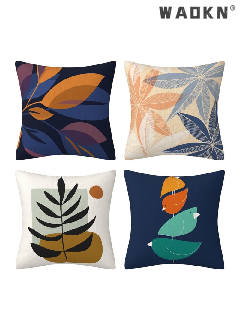 4 Pcs Blue & Orange Linen Square Cushion Covers - 18x18 Inches, Handcrafted with Abstract Plant Artistry, Elegant Pillowcases Perfect for Accentuating Living Room Sofas, Beds, and Adding a Pop of Color to Your Decor